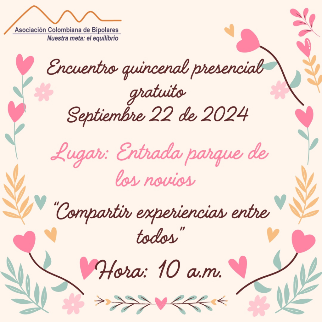 Encuentro quincenal presencial y gratuito, domingo 22 de septiembre, 2024. En la entrada del parque de los novios a las 10AM. Tema: Compartir experiencias entre todos.