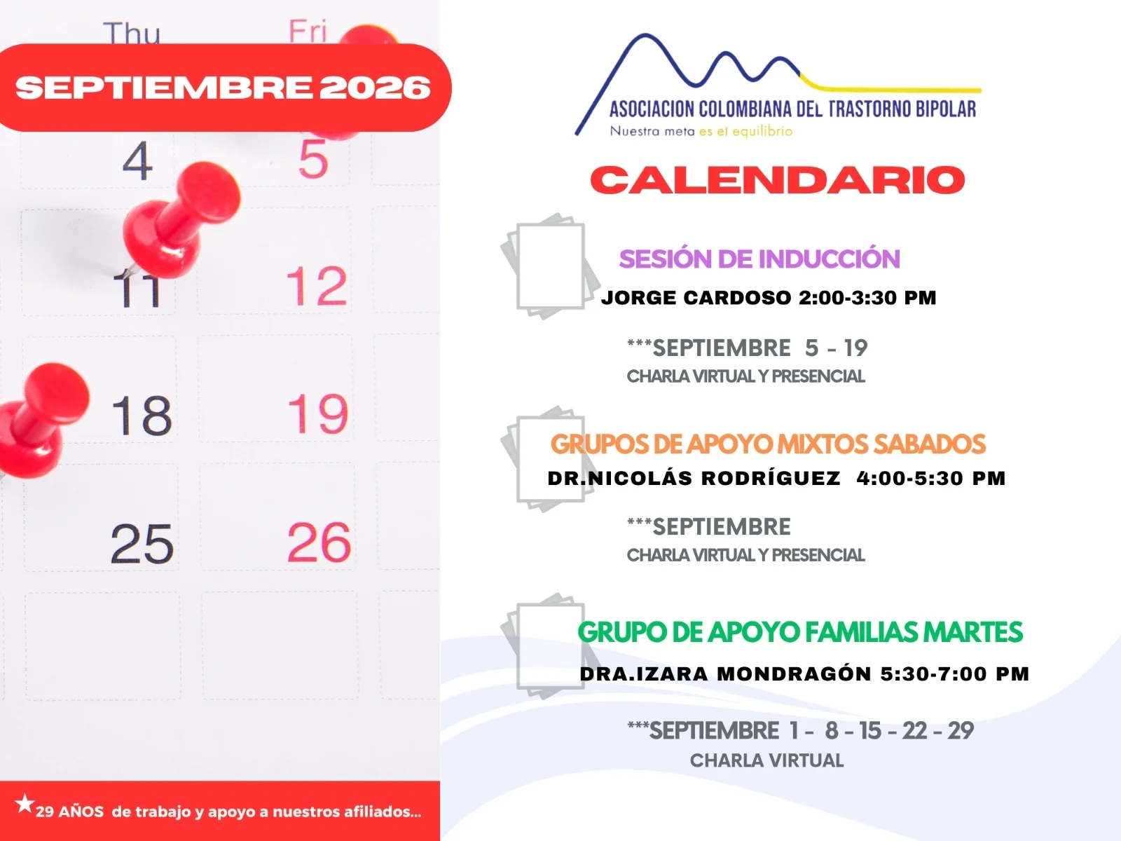 Calendari mes de septiembre 2026 de la asociación colombiana del trastorno bipolar
